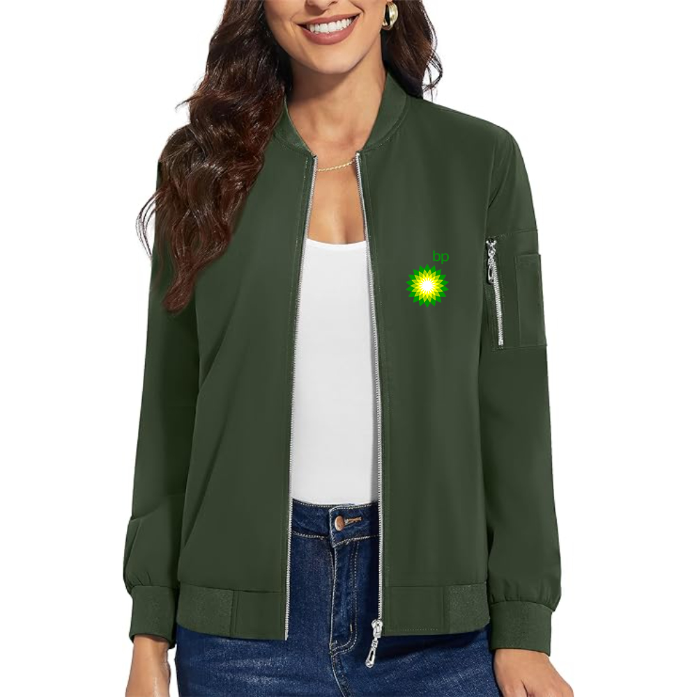 Women's BP Oil Logo Premium Bomber Jacket with Polished Detailing and Functional Sleeve Pocket Modern Luxury Outerwear