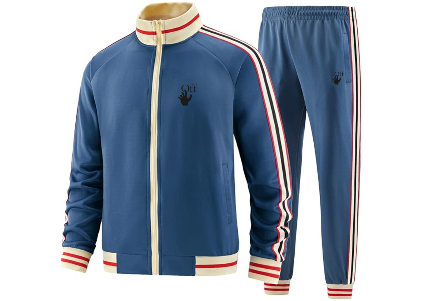 Men's Off-White Hand Tracksuit with Bold Striped Accents and Zippered Front Athletic Wear