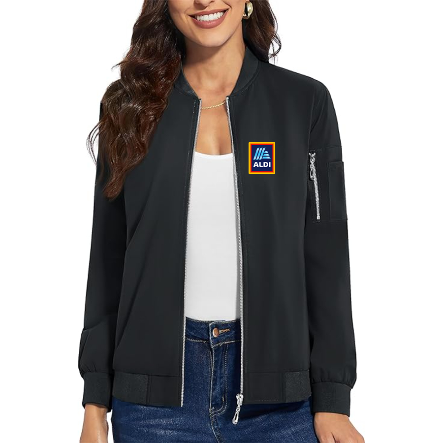 Women's Aldi Logo Premium Bomber Jacket with Polished Detailing and Functional Sleeve Pocket Modern Luxury Outerwear