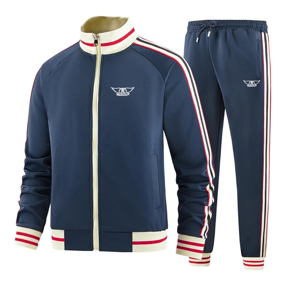 Men's Aerosmith Logo Tracksuit with Bold Striped Accents and Zippered Front Athletic Wear