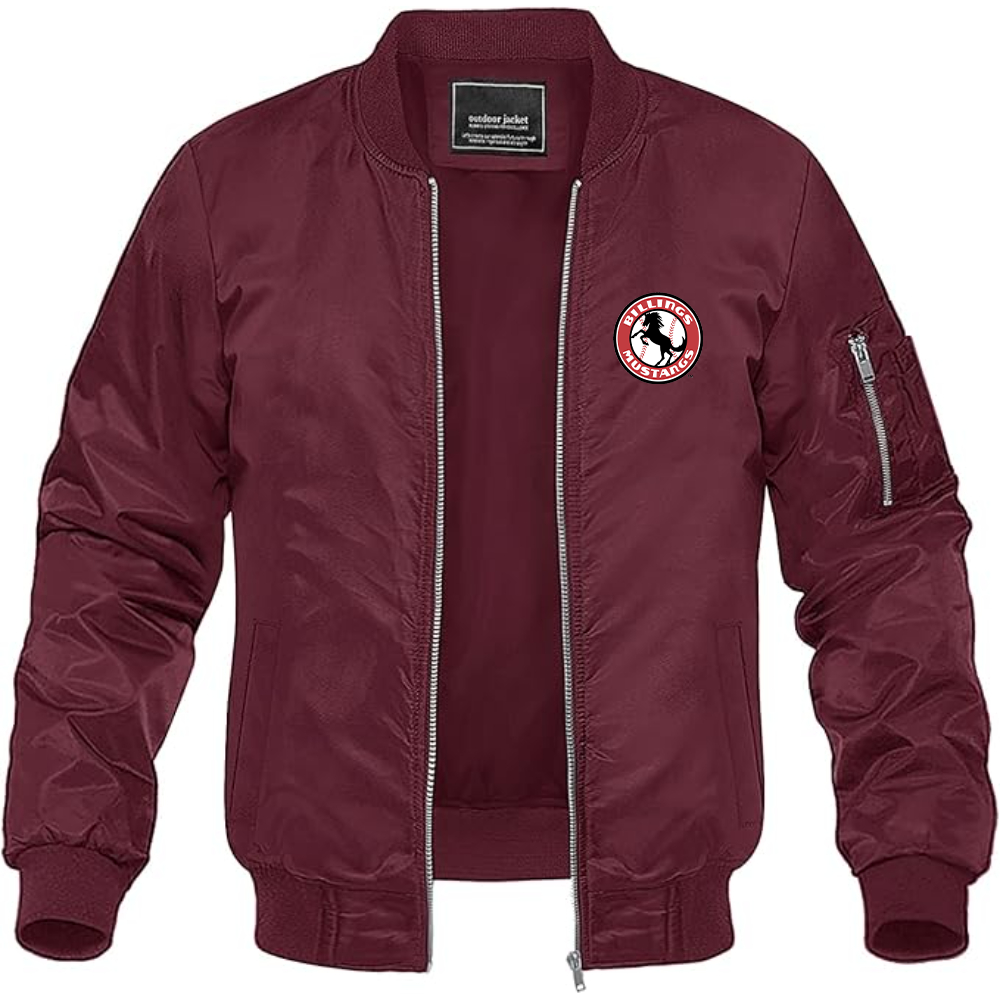 Men's Billings Mustangs Logo Lightweight Bomber Jacket Windbreaker Softshell Varsity Jacket Coat