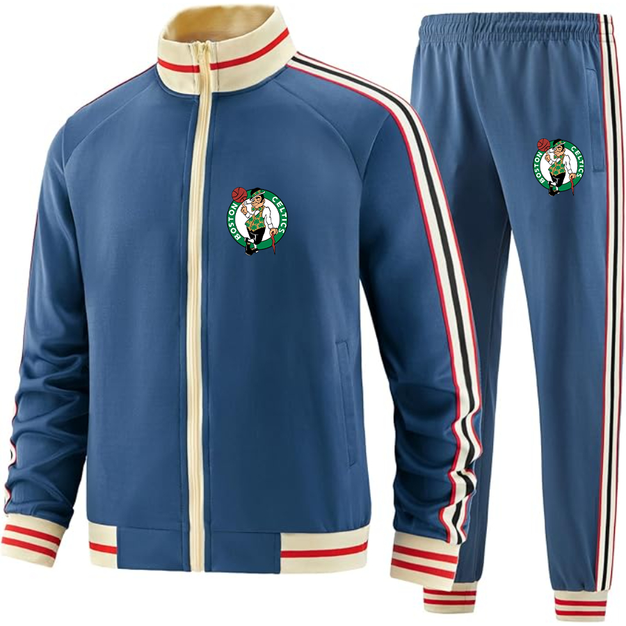 Men's Boston Celtics Logo Tracksuit with Bold Striped Accents and Zippered Front Athletic Wear