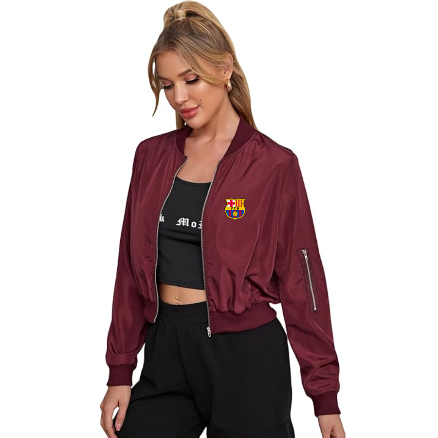 Women's F.C. Barcelona Soccer - Lightweight Bomber Biker Jacket Zip up Windbreaker Crop Bomber Jacket Coat