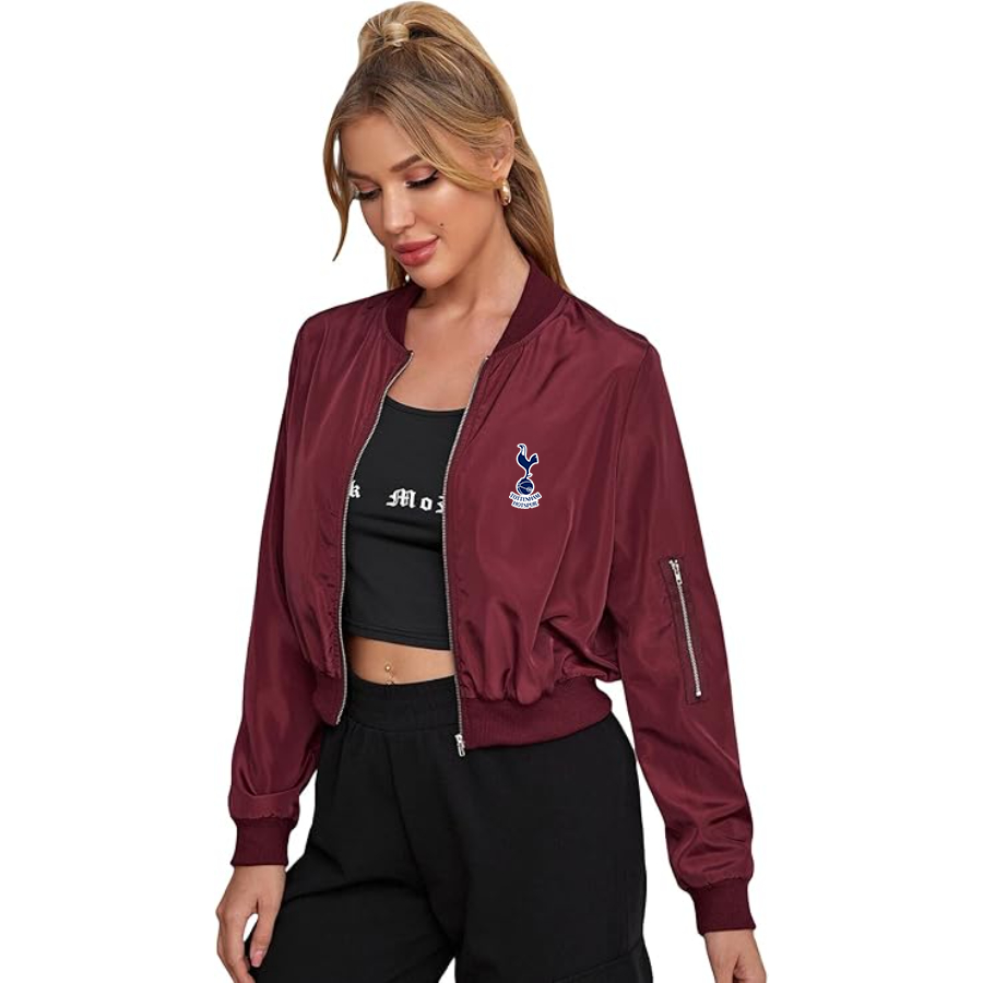 Women's Tottenham Hotspur F.C. Soccer - Lightweight Bomber Biker Jacket Zip up Windbreaker Crop Bomber Jacket Coat