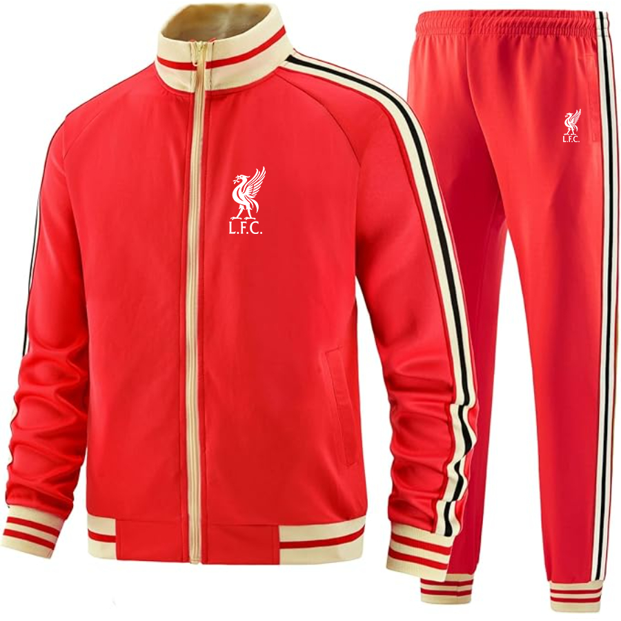 Men's Liverpool L.F.C Soccer - Premium Two-Piece Designer Tracksuit with Bold Striped Accents and Zippered Front - Elevated Athletic Wear