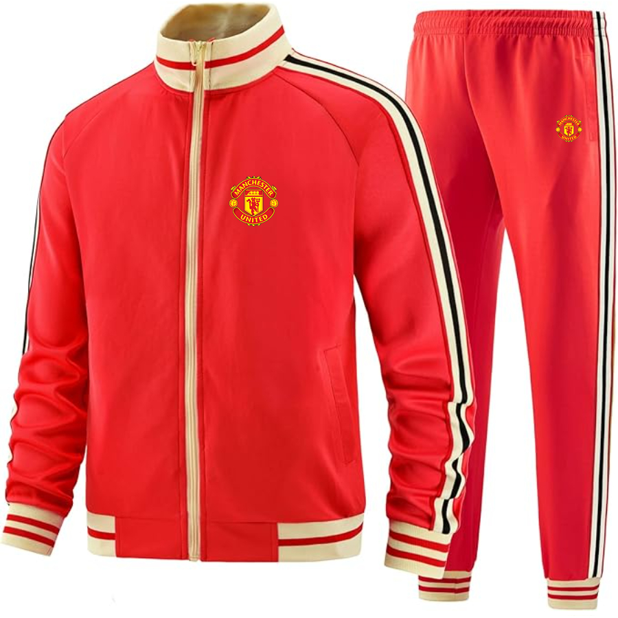 Men's Manchester United Soccer - Premium Two-Piece Designer Tracksuit with Bold Striped Accents and Zippered Front - Elevated Athletic Wear