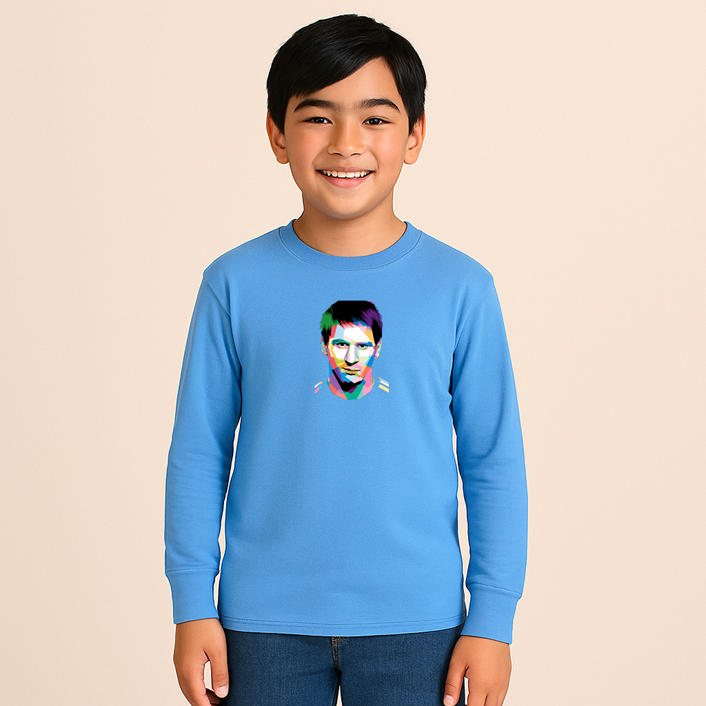 Youth Kids Lionel Messi Face Art Sports Long Sleeve T-Shirt
