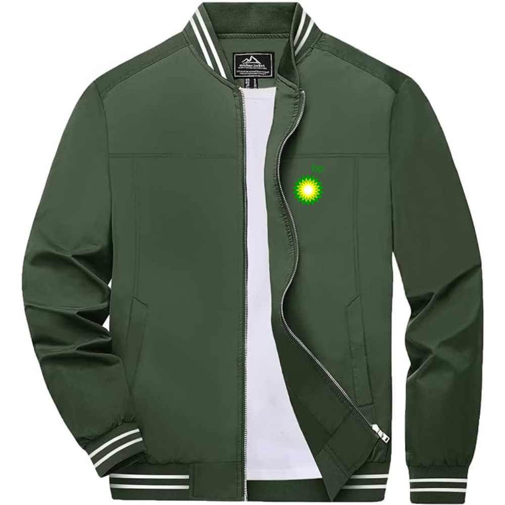 Men's BP Oil Logo Lightweight Zip-Up Ribbed Collar and Cuffs Bomber Jacket