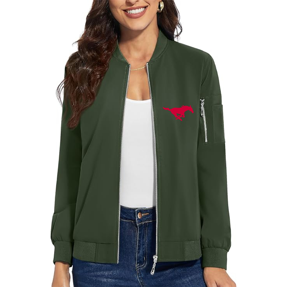 Women's SMU Mustangs Logo Premium Bomber Jacket with Polished Detailing and Functional Sleeve Pocket Modern Luxury Outerwear