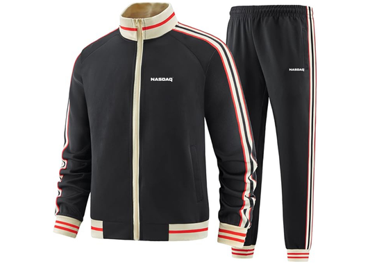 Men's Nasdaq Logo  Tracksuit with Bold Striped Accents and Zippered Front Athletic Wear