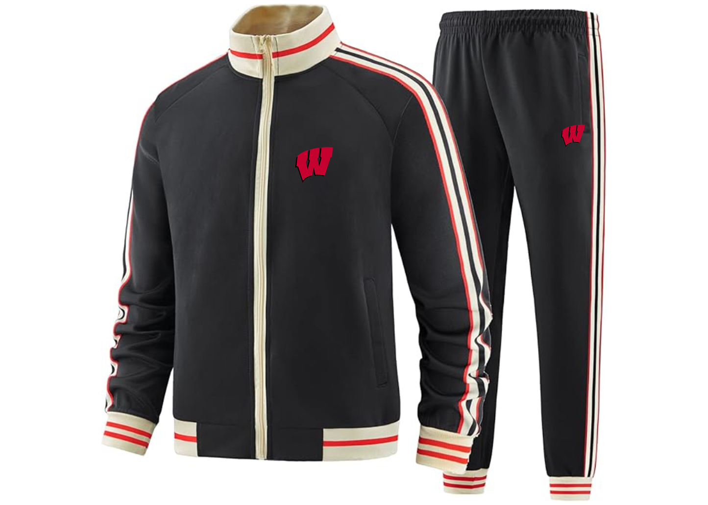 Men's Wisconsin Badgers Tracksuit with Bold Striped Accents and Zippered Front Athletic Wear