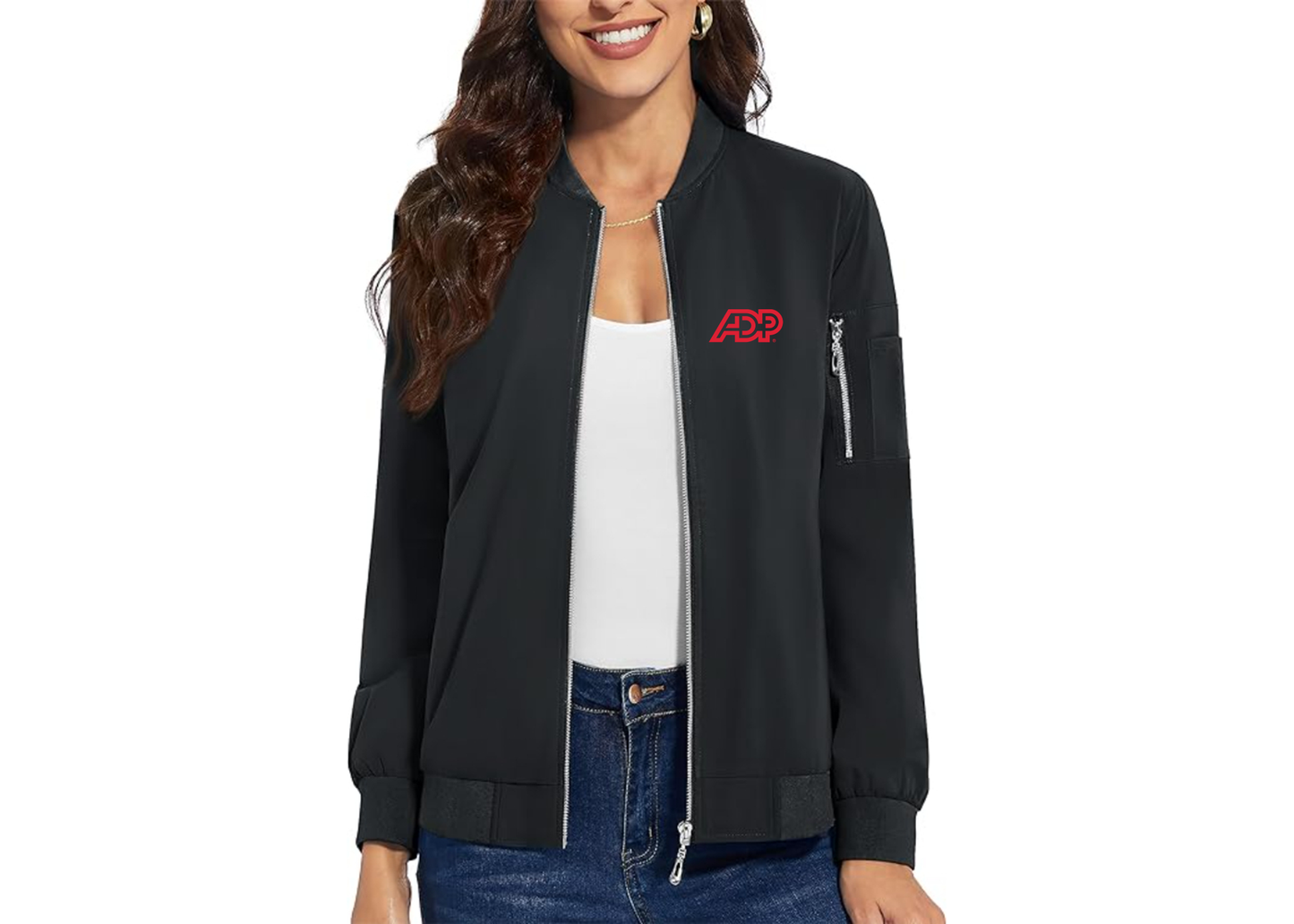 Women's ADP Logo  Premium Bomber Jacket with Polished Detailing and Functional Sleeve Pocket Modern Luxury Outerwear