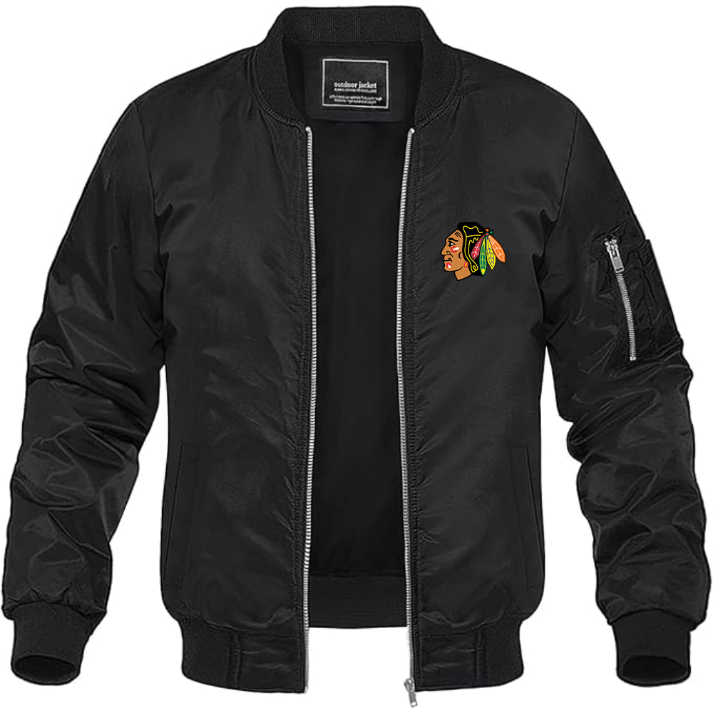 Men's Blackhawks Logo Lightweight Bomber Jacket Windbreaker Softshell Varsity Jacket Coat