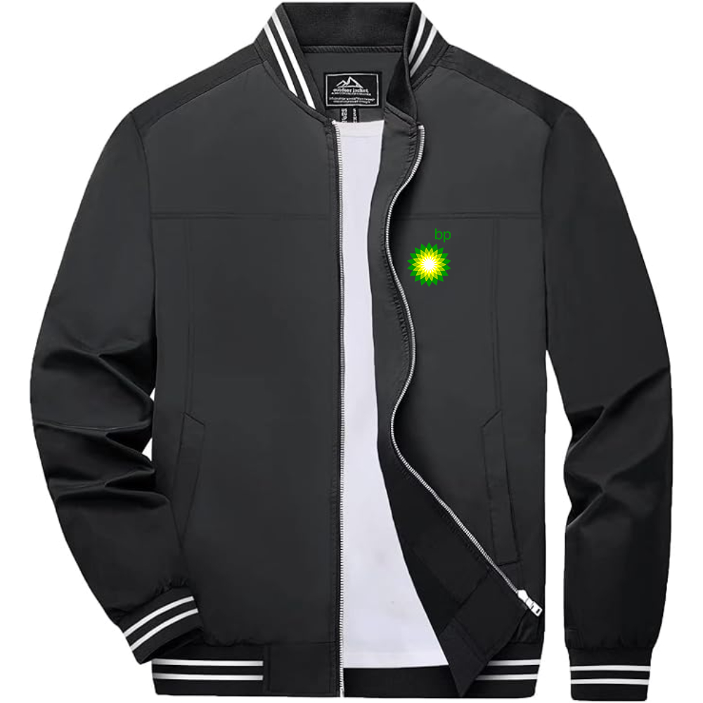 Men's BP Oil Logo Lightweight Zip-Up Ribbed Collar and Cuffs Bomber Jacket