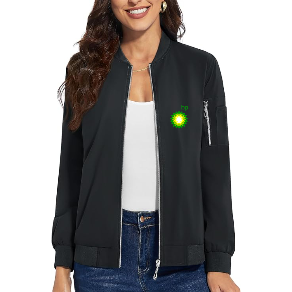 Women's BP Oil Logo Premium Bomber Jacket with Polished Detailing and Functional Sleeve Pocket Modern Luxury Outerwear