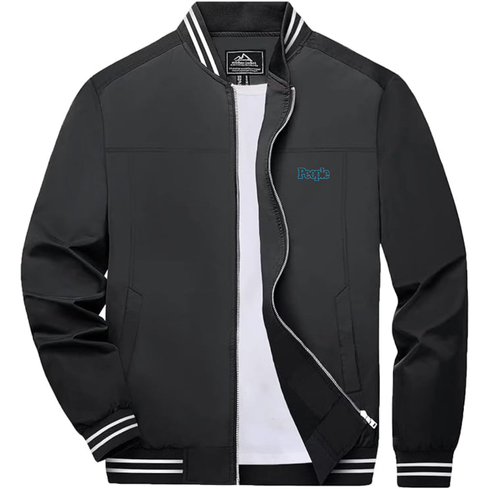Men's People Magazine Logo Lightweight Zip-Up Ribbed Collar and Cuffs Bomber Jacket