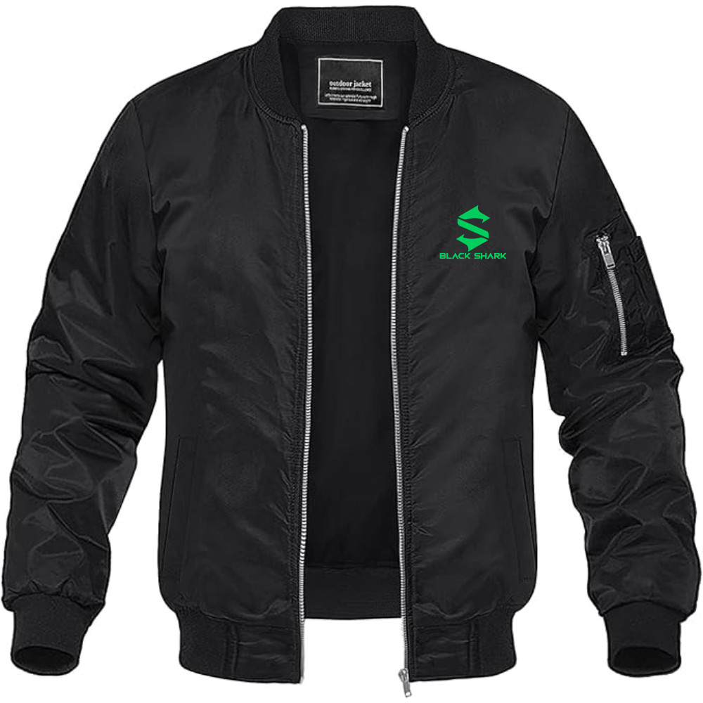 Men's Black Shark Logo Lightweight Bomber Jacket Windbreaker Softshell Varsity Jacket Coat