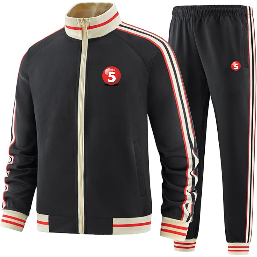 Men's ABC TV5 Logo  Tracksuit with Bold Striped Accents and Zippered Front Athletic Wear