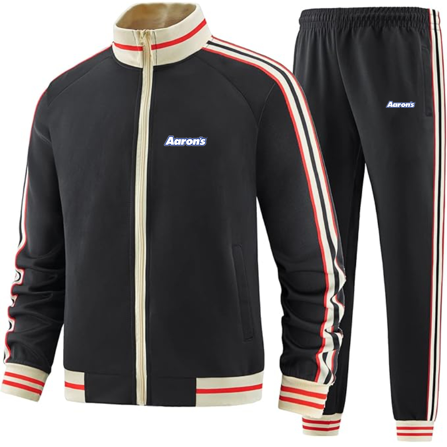 Men's Aaron_s Logo Tracksuit with Bold Striped Accents and Zippered Front Athletic Wear