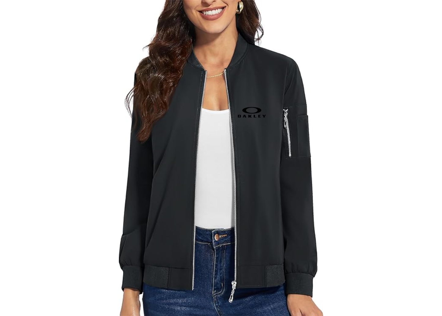 Women's Oakley Logo  Premium Bomber Jacket with Polished Detailing and Functional Sleeve Pocket Modern Luxury Outerwear