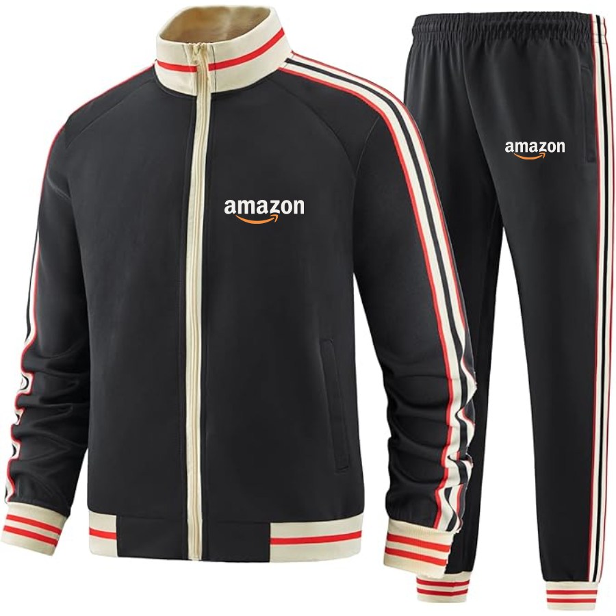 Men's Amazon Logo  Tracksuit with Bold Striped Accents and Zippered Front Athletic Wear