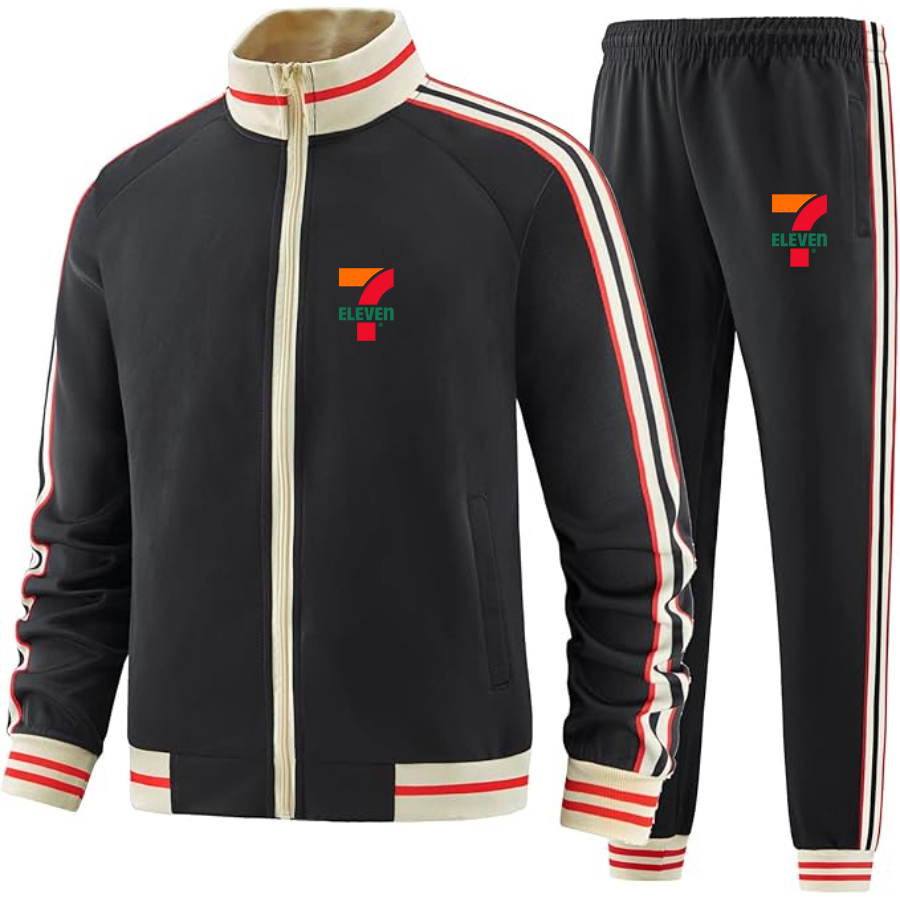 Men's 7 Eleven Logo  Tracksuit with Bold Striped Accents and Zippered Front Athletic Wear