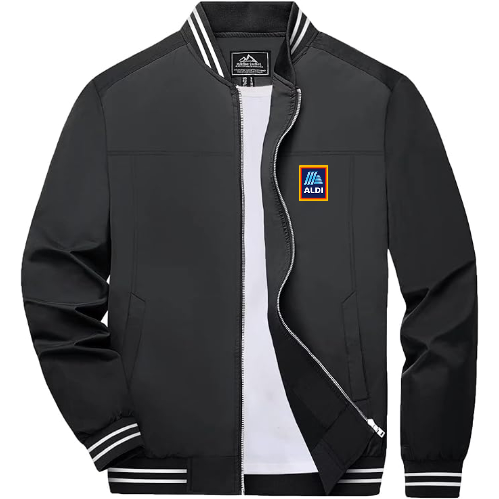 Men's Aldi Logo Lightweight Zip-Up Ribbed Collar and Cuffs Bomber Jacket
