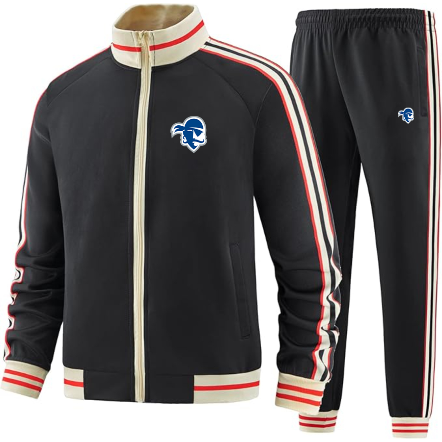 Men's Seton Hall Pirates Logo  Tracksuit with Bold Striped Accents and Zippered Front Athletic Wear