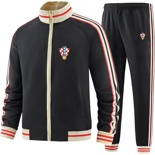 Men's  Croatia National Soccer Team - Premium Two-Piece Designer Tracksuit with Bold Striped Accents and Zippered Front - Elevated Athletic Wear