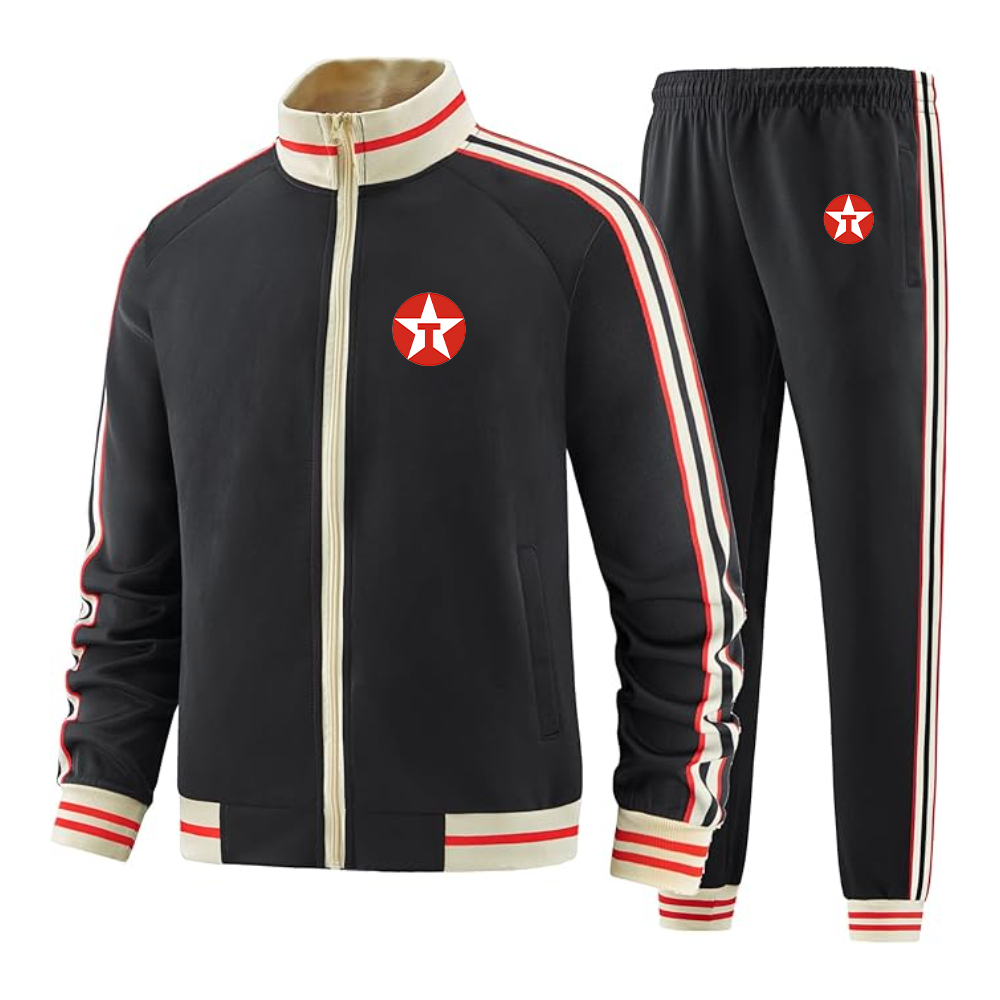 Men's Texaco Logo  Tracksuit with Bold Striped Accents and Zippered Front Athletic Wear
