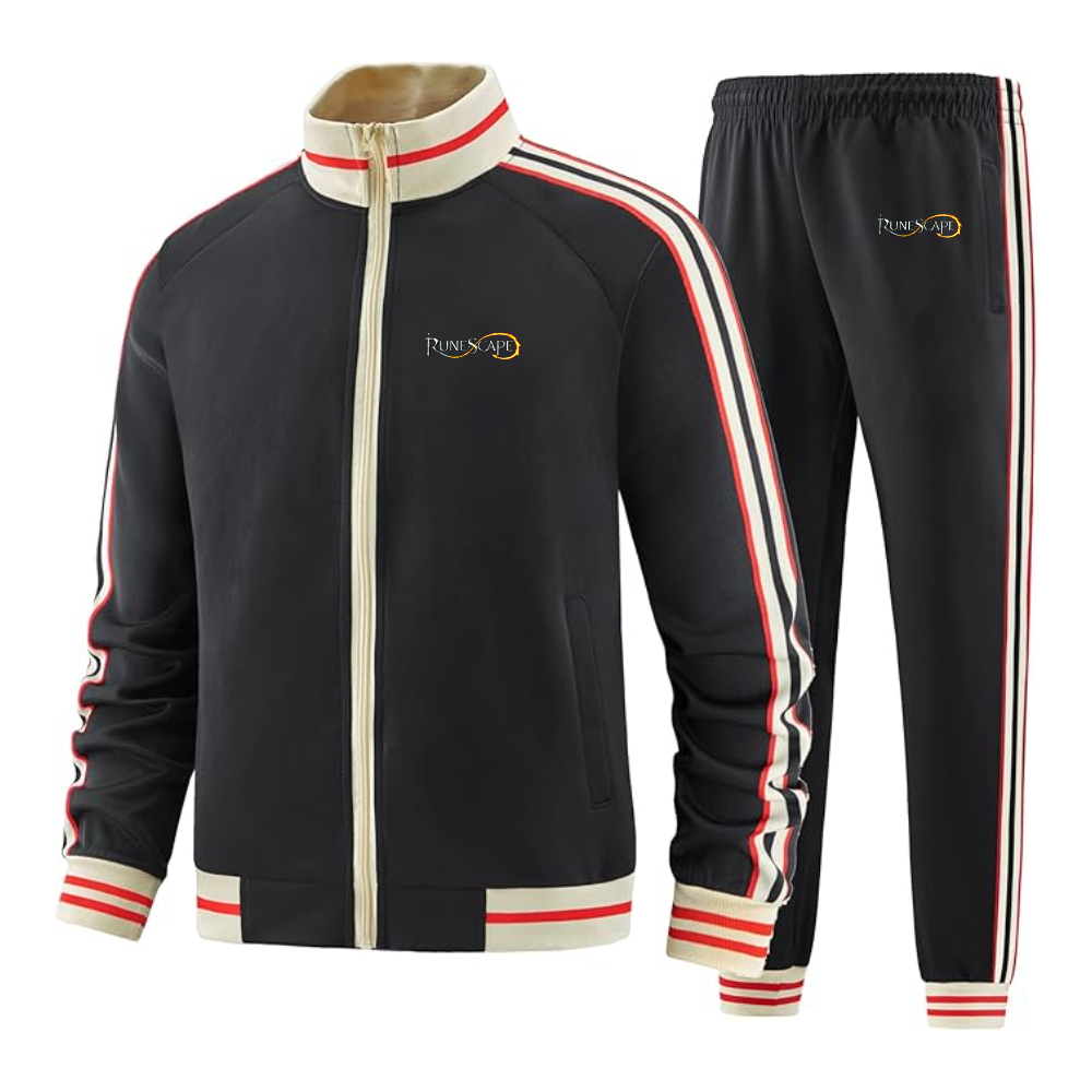Men's Runescape Logo  Tracksuit with Bold Striped Accents and Zippered Front Athletic Wear