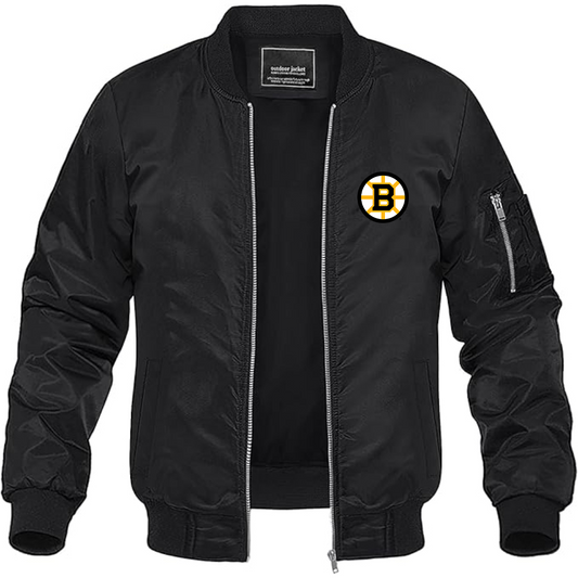 Men's Boston Bruins Logo Lightweight Bomber Jacket Windbreaker Softshell Varsity Jacket Coat