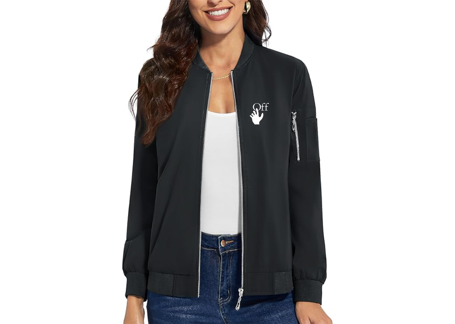 Women's Off-White Hand Premium Bomber Jacket with Polished Detailing and Functional Sleeve Pocket Modern Luxury Outerwear
