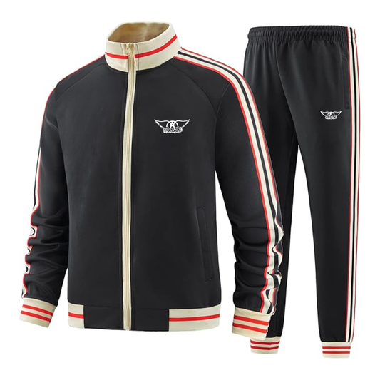 Men's Aerosmith Logo  Tracksuit with Bold Striped Accents and Zippered Front Athletic Wear