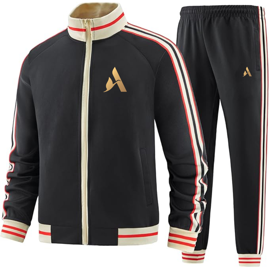 Men's Accor Golden Logo Tracksuit with Bold Striped Accents and Zippered Front Athletic Wear
