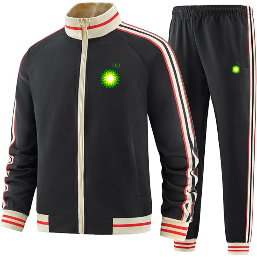 Men's BP Oil Logo Tracksuit with Bold Striped Accents and Zippered Front Athletic Wear
