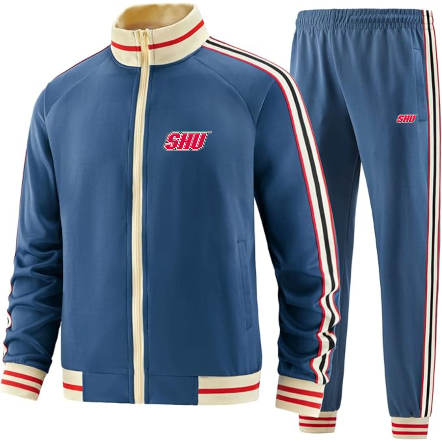 Men's Sacred Heart Pioneers Logo  Tracksuit with Bold Striped Accents and Zippered Front Athletic Wear