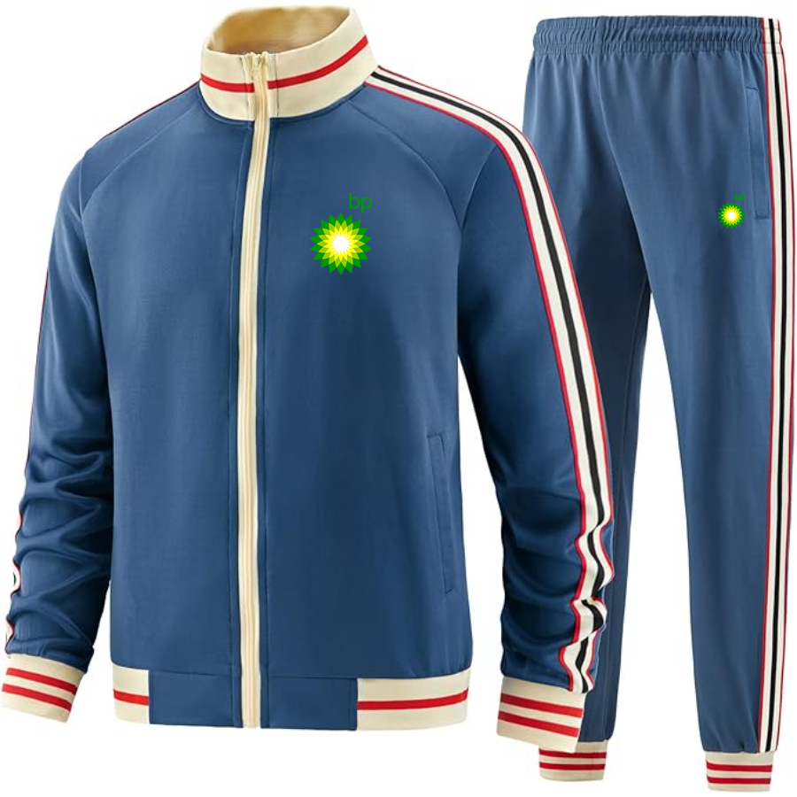 Men's BP Oil Logo Tracksuit with Bold Striped Accents and Zippered Front Athletic Wear