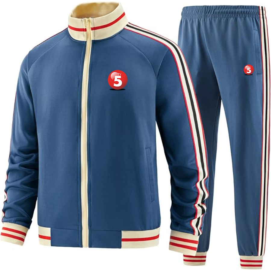 Men's ABC TV5 Logo  Tracksuit with Bold Striped Accents and Zippered Front Athletic Wear