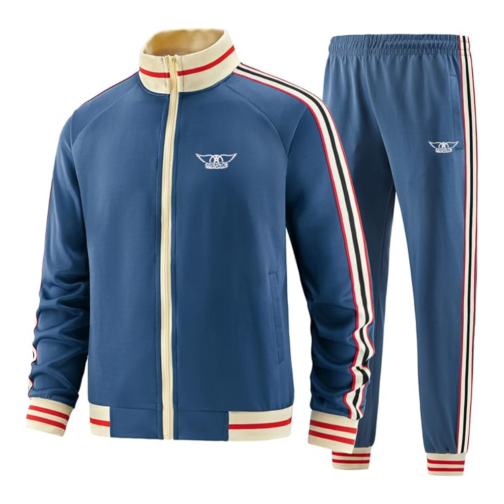 Men's Aerosmith Logo  Tracksuit with Bold Striped Accents and Zippered Front Athletic Wear