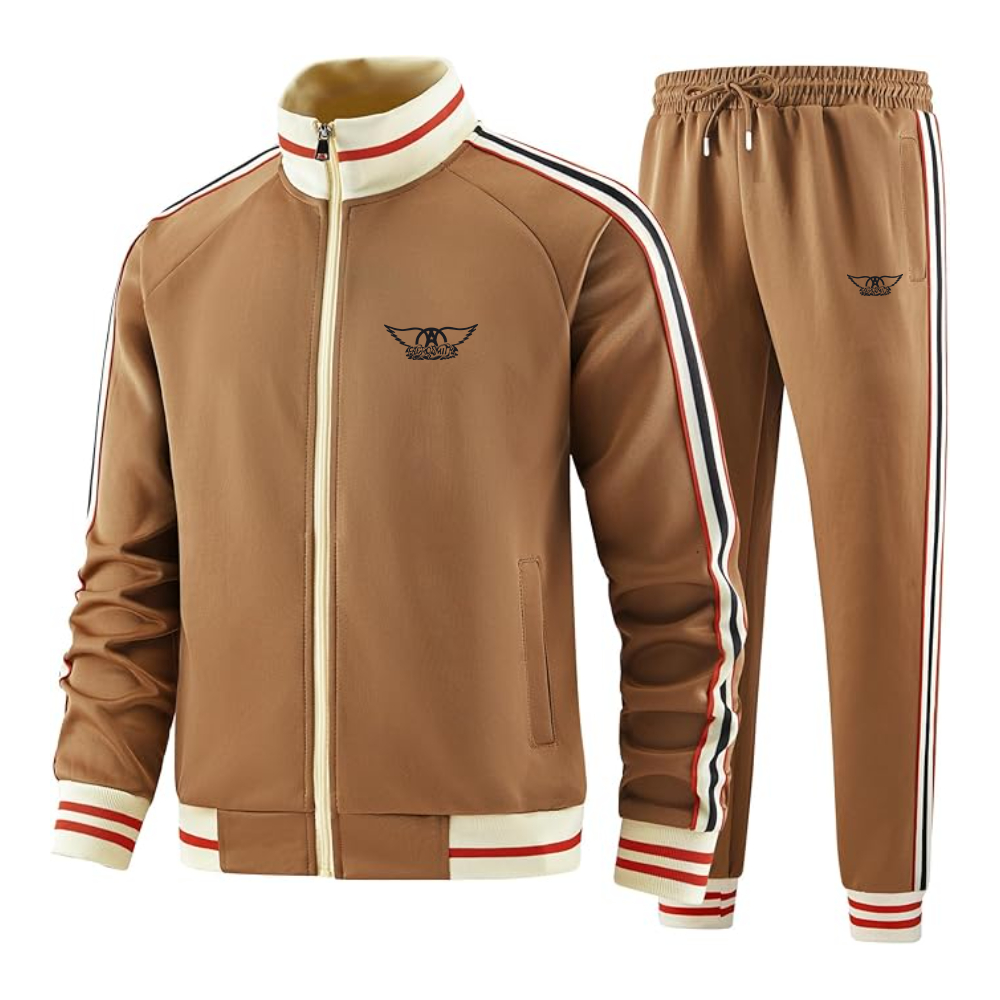 Men's Aerosmith Logo  Tracksuit with Bold Striped Accents and Zippered Front Athletic Wear