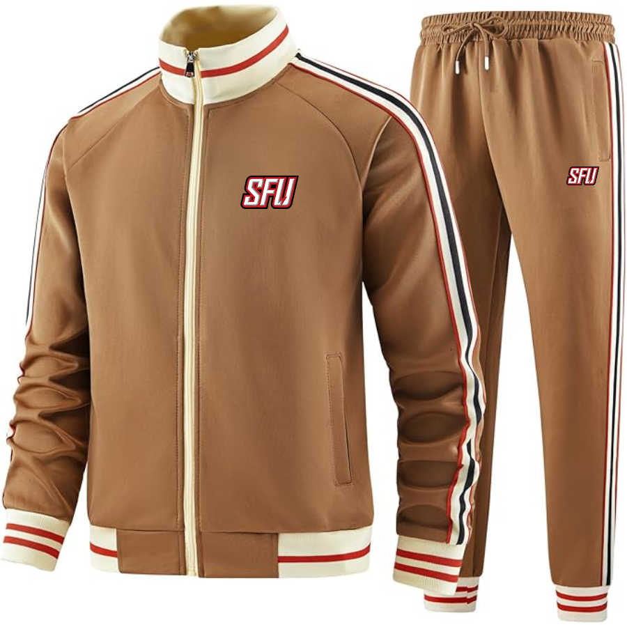 Men's Saint Francis Red Flash Logo Tracksuit with Bold Striped Accents and Zippered Front Athletic Wear