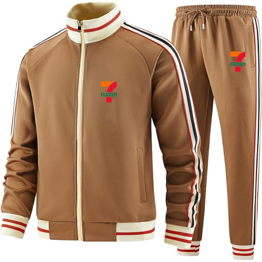 Men's 7 Eleven Logo  Tracksuit with Bold Striped Accents and Zippered Front Athletic Wear