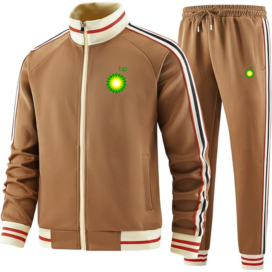 Men's BP Oil Logo Tracksuit with Bold Striped Accents and Zippered Front Athletic Wear