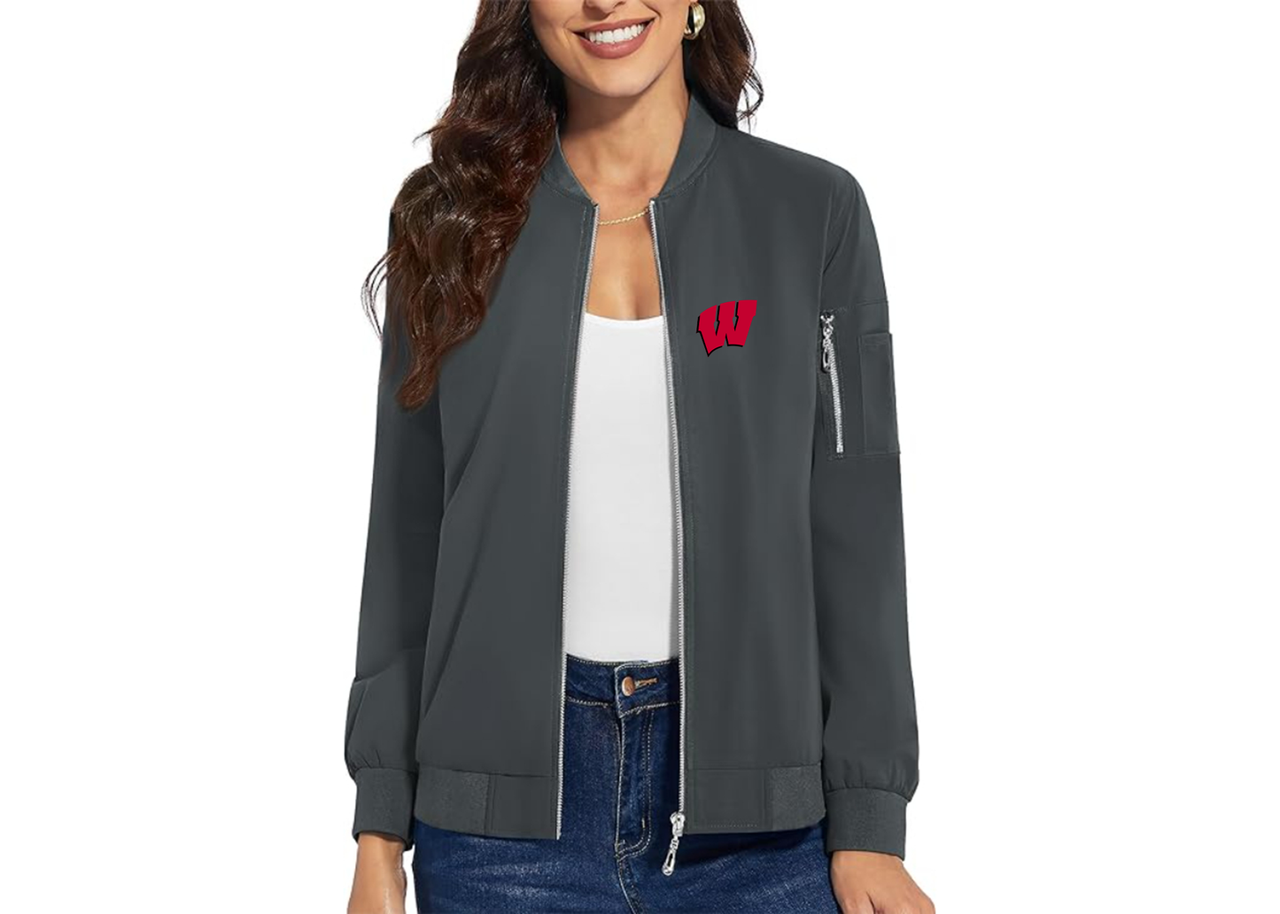 Women's Wisconsin Badgers Premium Bomber Jacket with Polished Detailing and Functional Sleeve Pocket Modern Luxury Outerwear