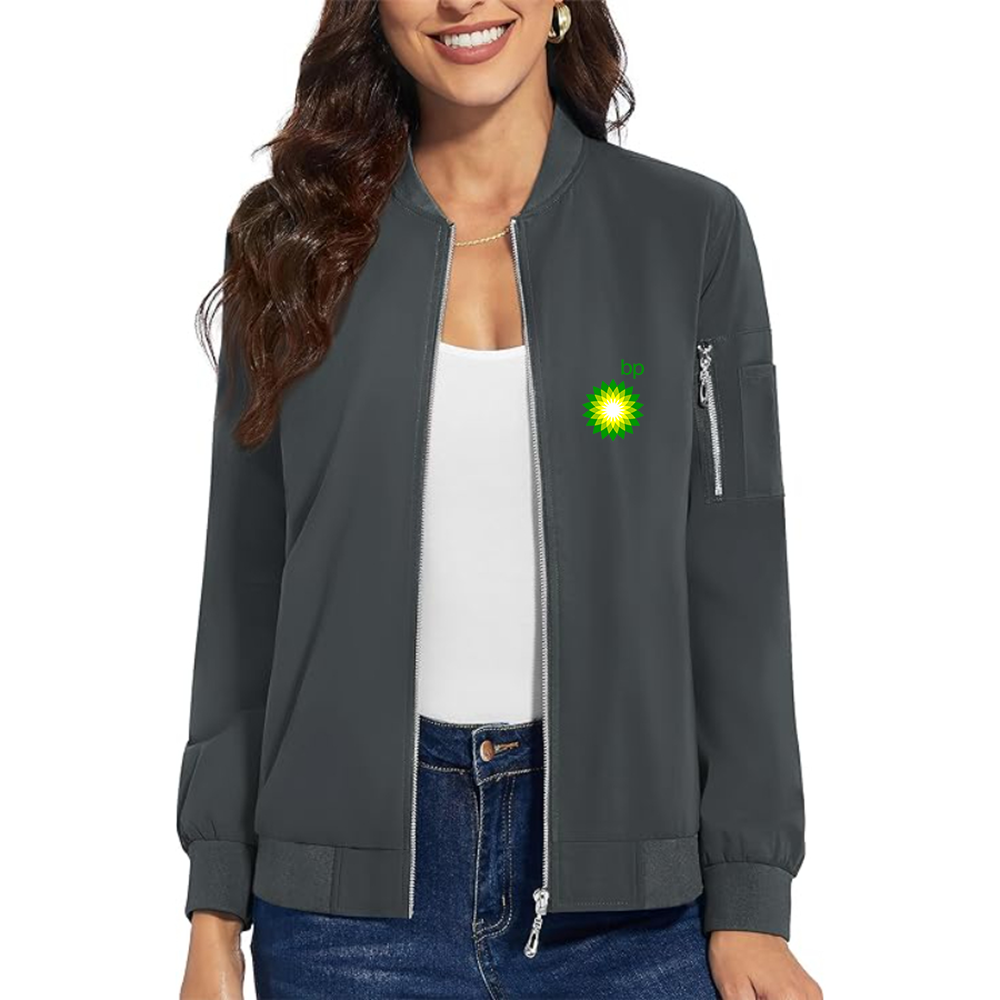 Women's BP Oil Logo Premium Bomber Jacket with Polished Detailing and Functional Sleeve Pocket Modern Luxury Outerwear