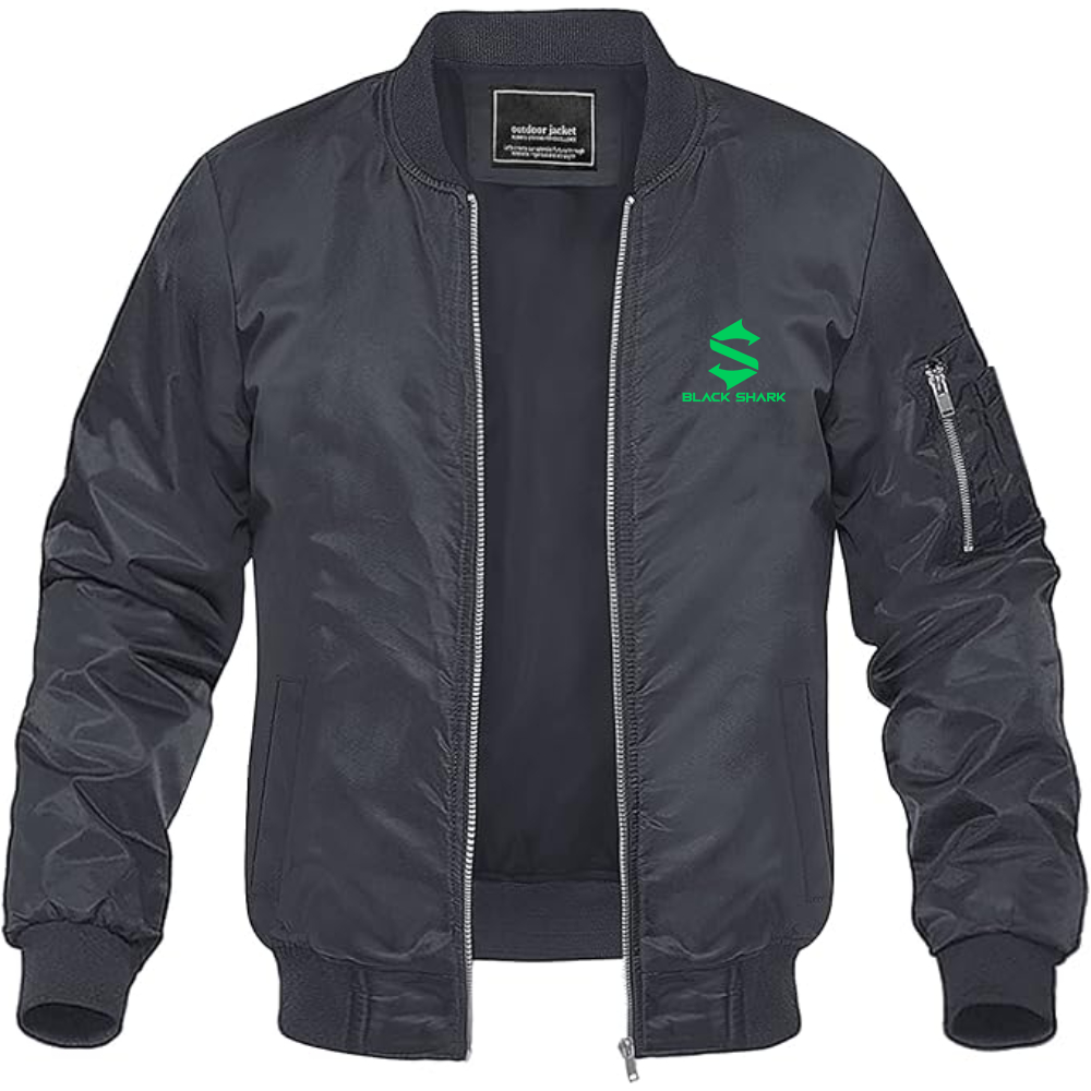 Men's Black Shark Logo Lightweight Bomber Jacket Windbreaker Softshell Varsity Jacket Coat
