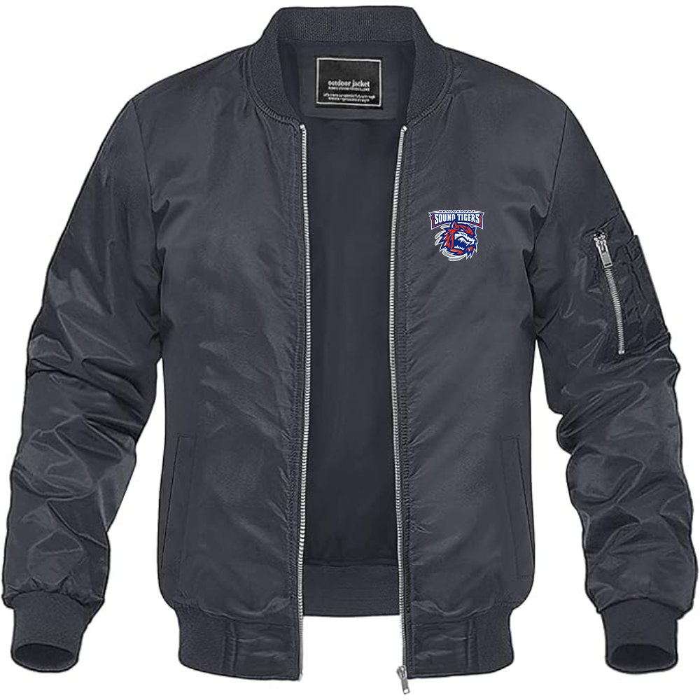 Men's Bridgeport Sound Tigers Logo Lightweight Bomber Jacket Windbreaker Softshell Varsity Jacket Coat