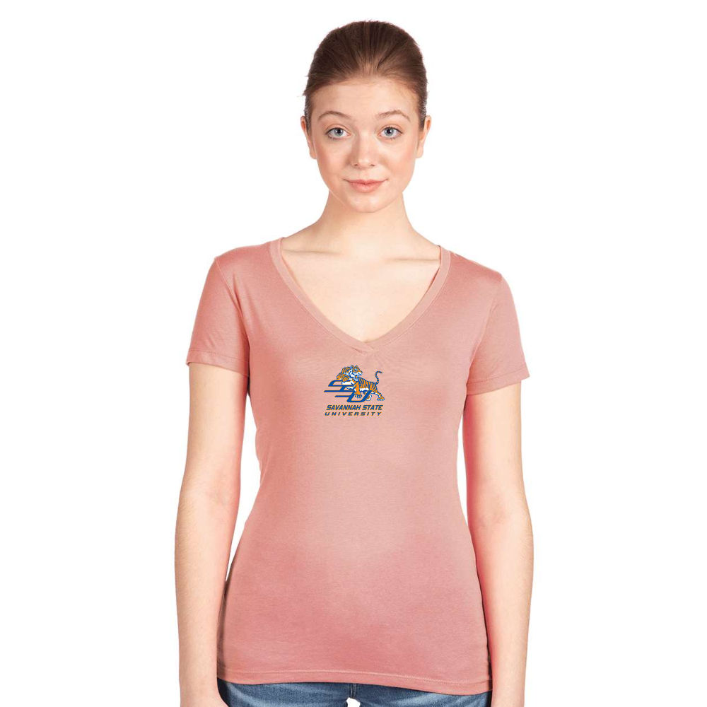 Women's Savannah State Tigers Logo  Next Level V-Neck T-Shirt