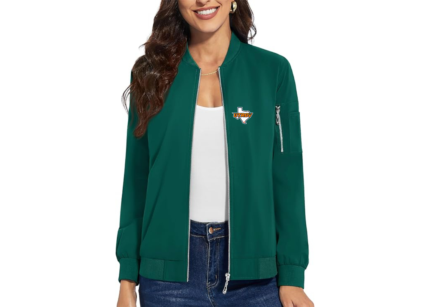 Women's UTRGV Vaqueros Premium Bomber Jacket with Polished Detailing and Functional Sleeve Pocket Modern Luxury Outerwear